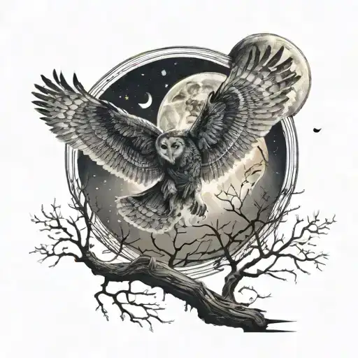 A surreal scene of a heartbroken owl flying towards a full moon tattoo design idea