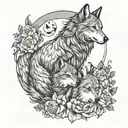 wolf mother holding her baby girl , moon , name Luna , protect , strenght, love tattoo design idea