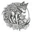 wolf mother holding her baby girl , moon , name Luna , protect , strenght, love tattoo design idea