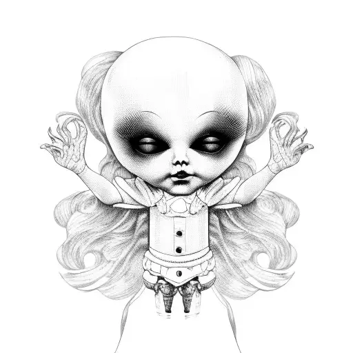 A blackwork tattoo of a creepy doll surrounded by craft materials tattoo design idea