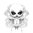 A blackwork tattoo of a creepy doll surrounded by craft materials tattoo design idea