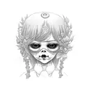 A blackwork tattoo of a creepy doll surrounded by craft materials tattoo design idea