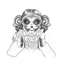 A blackwork tattoo of a creepy doll surrounded by craft materials tattoo design idea