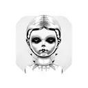A blackwork tattoo of a creepy doll surrounded by craft materials tattoo design idea