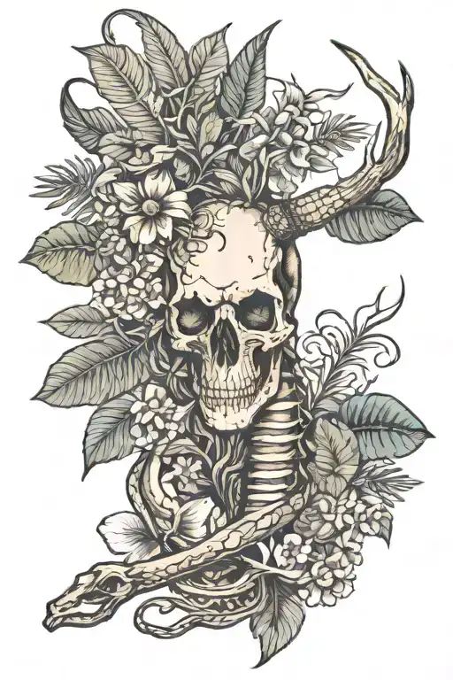 broken spine, deer skull, snake, tropical plants tattoo design idea