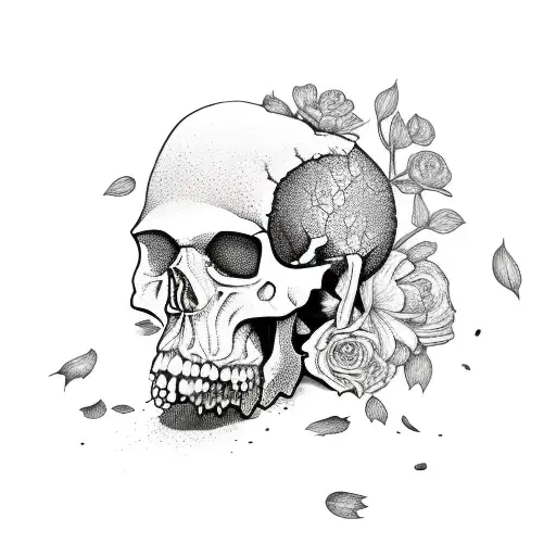broken skull with flowers growing out of it tattoo design idea