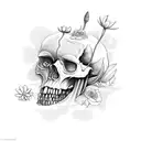 broken skull with flowers growing out of it tattoo design idea