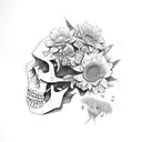 broken skull with flowers growing out of it tattoo design idea