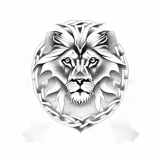 A detailed portrait of a majestic lion, eagle, and wolf intertwined in a Celtic knot design, reflecting your love for your favorite animals and family tattoo design idea