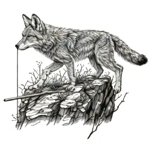 Coyote walking on a tightrope over a precipice tattoo design idea
