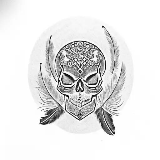 skull with bird feathers tattoo design idea