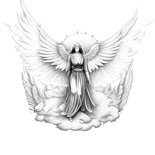 guardian angel with wings  flowers clouds tattoo design idea