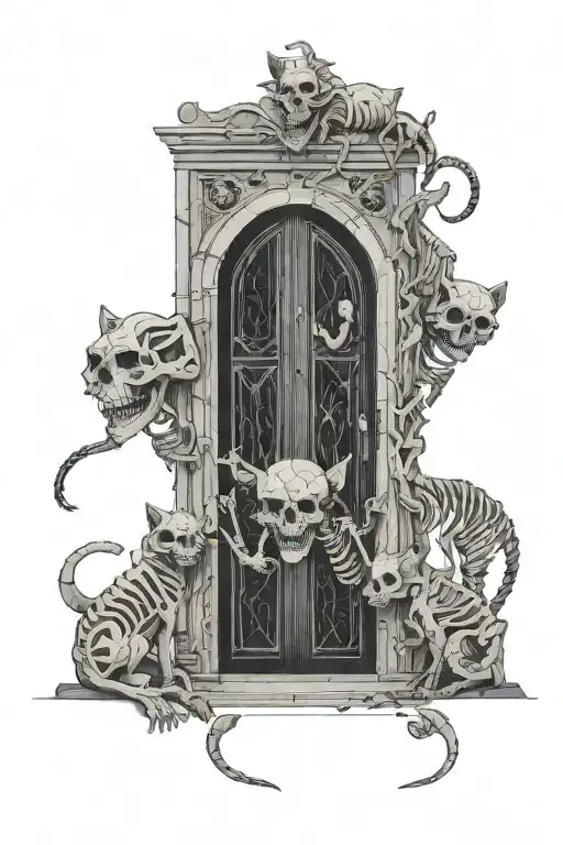 giant open door straight from hell with skeleton details and skeletons and skeleton cats tattoo design idea