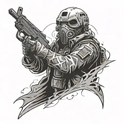 A tattoo design featuring the Ghost from Call of Duty in a black-grey style with layers and complexity tattoo design idea