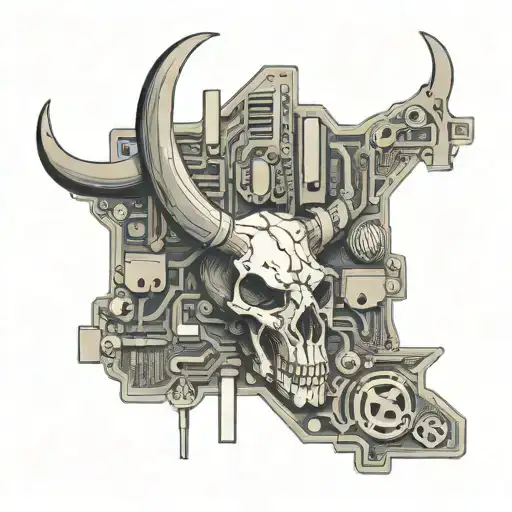Intricate motherboard design with Texas longhorn skull integrated, representing the client's love for computers and Texas tattoo design idea