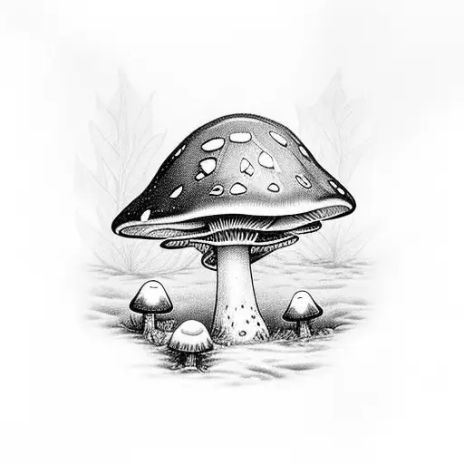 mushroom amanita in front of a misty forest tattoo design idea