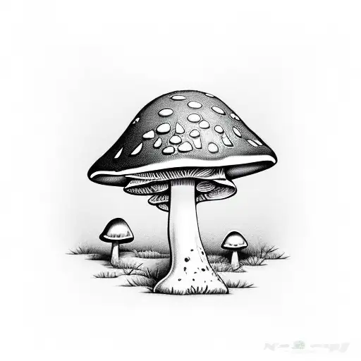 mushroom amanita in front of a misty forest tattoo design idea