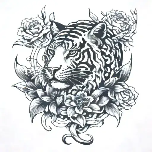 Medusa with tiger lilys and red anemone flowers intertwined tattoo design idea