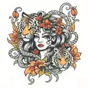 Medusa with tiger lilys and red anemone flowers intertwined tattoo design idea