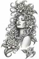 Medusa crying surrounded by flowers tattoo design idea