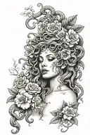 Medusa crying surrounded by flowers tattoo design idea