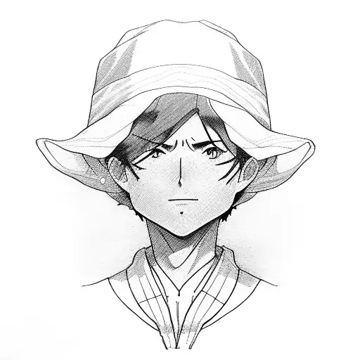 Teacher holding a straw hat in front of a classroom filled with anime characters tattoo design idea
