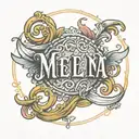 melena cursive writing with halo over the M tattoo design idea