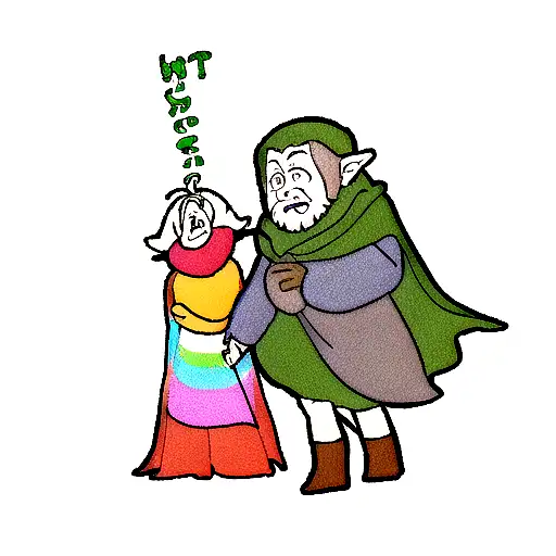 hobbit with colorful cape running in the forest while a bug with big black eyes hanging on his cape tattoo design idea