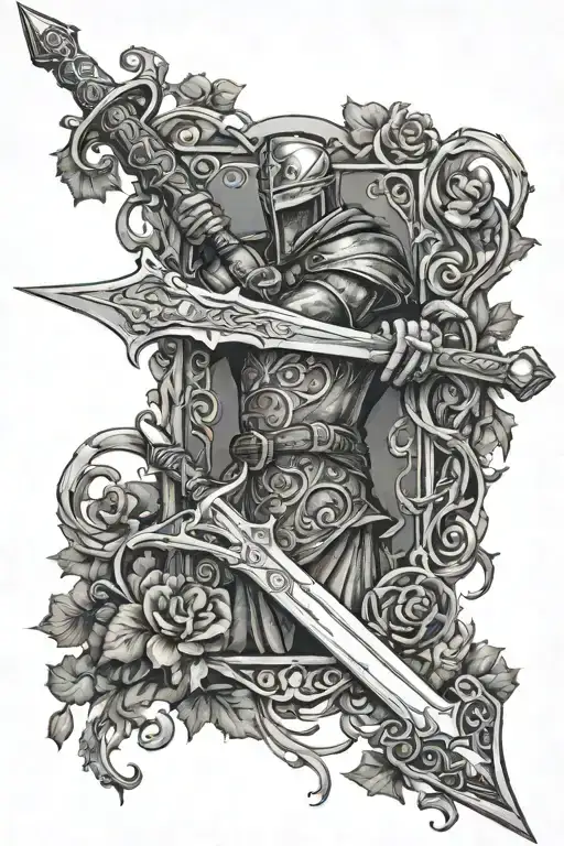 King Arthur and Excalibur sword wrapped in vines tattoo design idea