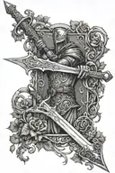 King Arthur and Excalibur sword wrapped in vines tattoo design idea