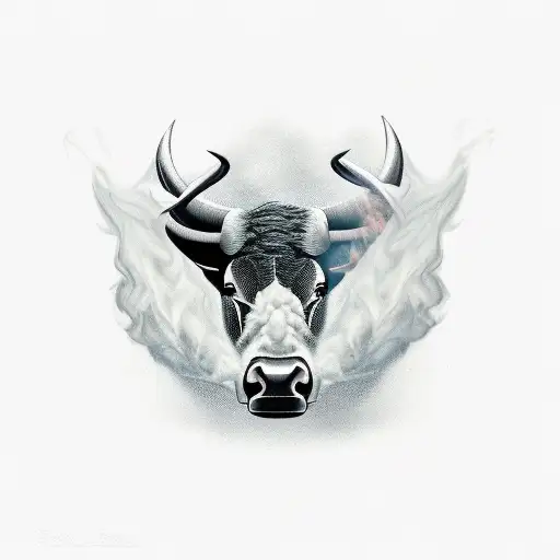 raging bull busting through smoke in nose tattoo design idea