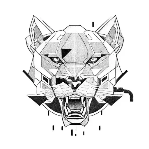 A fierce panther in a pixelated style, surrounded by video game controllers tattoo design idea