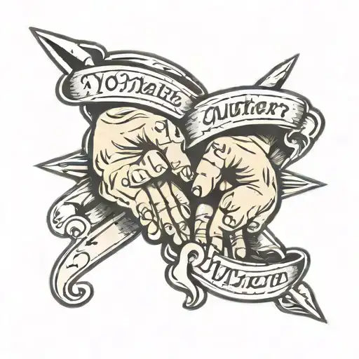 holding hands with a dagger piercing them and the font says No Matter What tattoo design idea