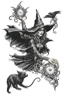 ornamental dark witch casting a spell tattoo design idea