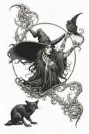 ornamental dark witch casting a spell tattoo design idea
