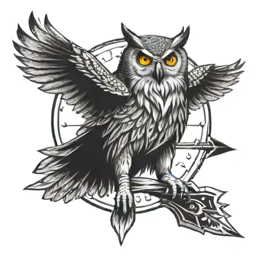 flying owl holding two arrows in claws tattoo design idea