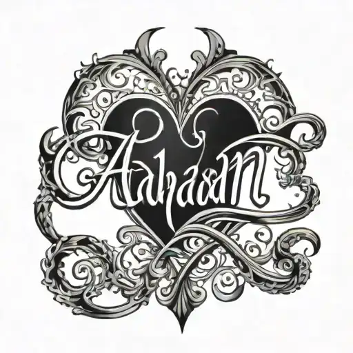 A stylized script of the name 'Adnan' intertwined with a delicate heart tattoo design idea