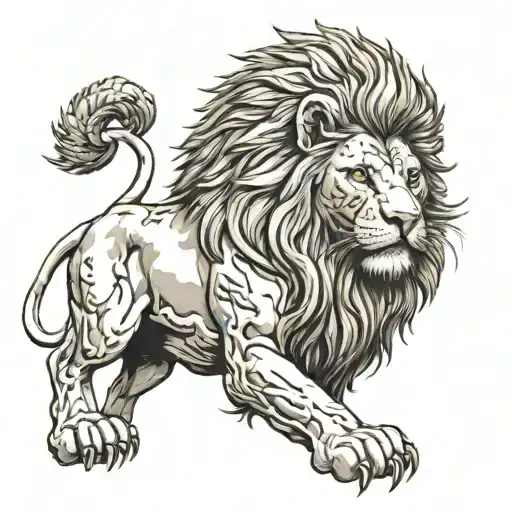 A realistic black and white stone lion on the chest leading over the shoulder and down the arm to a stone spartan with a tattoo design idea