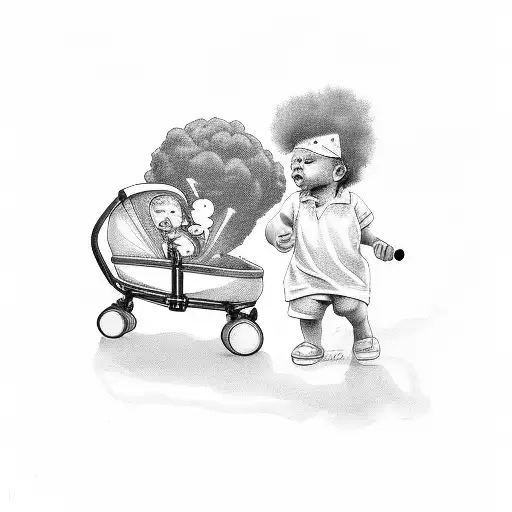 baby with afro smoking a cigar in a stroller tattoo design idea