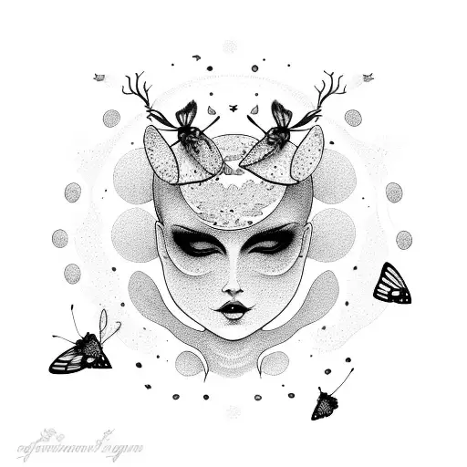 Nature witch with moths, moon and greenery tattoo design idea