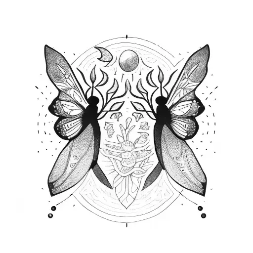 Greenery, primrose, moon, moth, dark  tattoo design idea
