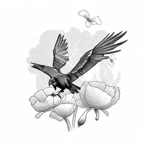 A raven perched on a tree branch, with poppies blooming around it, symbolizing peace and remembrance tattoo design idea