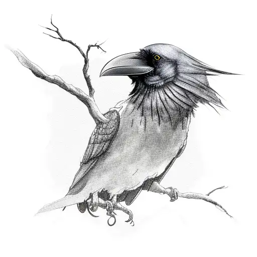 A hauntingly beautiful scene of a raven sitting on a bare tree branch, with poppies blooming at its base, symbolizing resilience and hope tattoo design idea