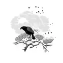 A raven perched on a tree branch, with poppies blooming around it, symbolizing peace and remembrance tattoo design idea