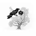 A raven perched on a tree branch, with poppies blooming around it, symbolizing peace and remembrance tattoo design idea