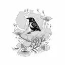 A raven perched on a tree branch, with poppies blooming around it, symbolizing peace and remembrance tattoo design idea