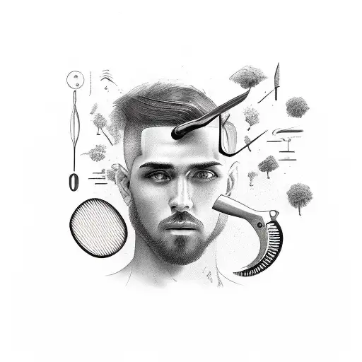 A barber's tools intertwined with elements of nature tattoo design idea