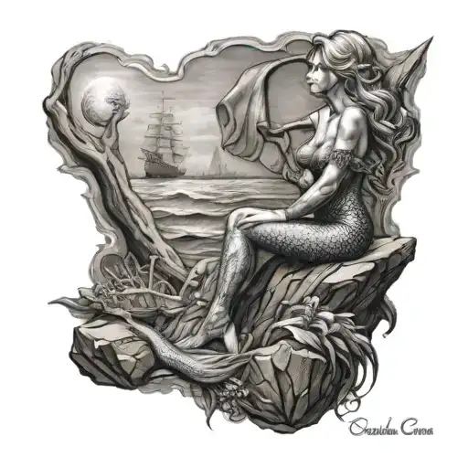 mermaid sitting on a rock watching a ship sail away tattoo design idea