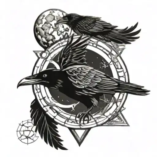 Raven full moon merging together with reiki symbols and triangle earth element sign  tattoo design idea