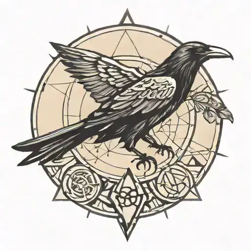 Raven full moon merging together with reiki symbols and triangle earth element sign  tattoo design idea